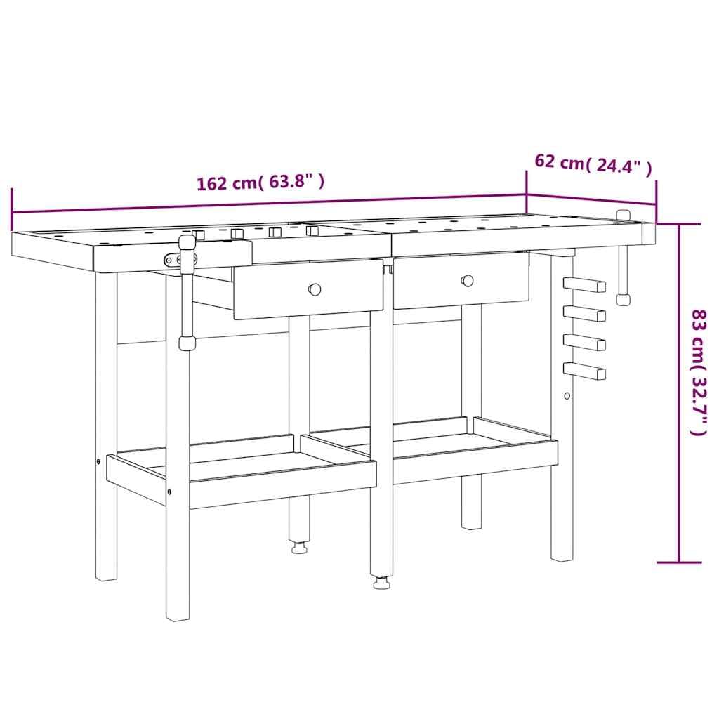 vidaXL Banco de Trabajo cajones y Tornillos Banco Madera 162x62x83 cm