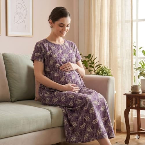 Image of Zero Clothing Feeding Dress for New Moms Casual Loungewear Ankle Length | Cotton Maternity Nighty | Zipless Feeding Dresses for Women | Pregnancy & Nursing Wear