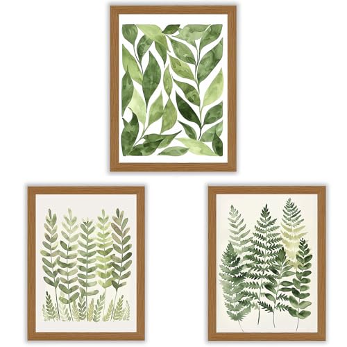 Image of Wall Art Set of 3 – Fern Botanical Prints – Soft Green and Neutral Tones – Modern Nature Wall Decor – Medium (A3) – Oak Frame