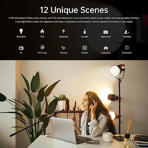Image of GVM Photography Lighting 300W Bi-Color Studio Lights with 45Standard Reflector 65700Lux@1m CCT 2700~6800K 12Lighting Scenes App Control LED Video Light