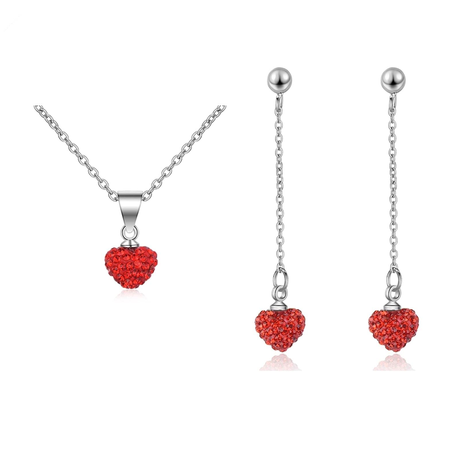 HCMA HCMA Conjuntos de Joyas de Plata 925 Collar de corazón Rojo de Cristal Completo + Pendientes para Mujeres y niñas Regalo Conjunto de Joyas de Fiesta de Boda