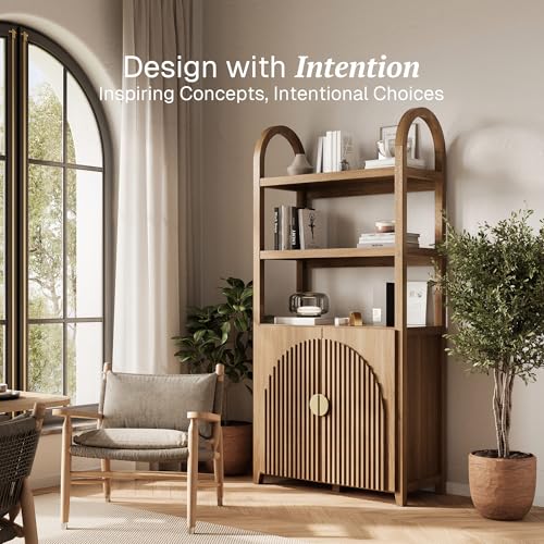 BELLEZE Book Shelf 72" Tall Arched Bookcase with Storage, 5 Tier Mid Century Modern Fluted Bookshelf with Doors, Modular Bookshelves for Living Room Office Library (Caramel Brown) - Image 4