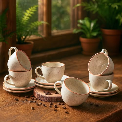 Image of 'Classic White' Durable Ceramic Tea Cup with Saucer Set of 12pcs(6Cup & 6Saucer) | Elegant Chai Cup | Microwave & Dishwasher Safe | Drinkware for Home, Office, Cafe, Guests Serving & Gifting