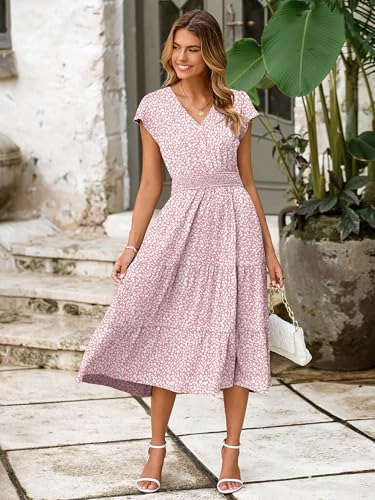 Image of BerryGo Women's Floral Boho Ruffle Summer Midi Dress Short Sleeve V Neck Empire Waist Swing Flowy Dress