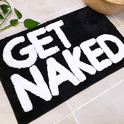 Image of New Mungo Get Naked Bath Mat - Black Cute Bathroom Rugs with White Letters for Apartment Decor - Funny Black - Get Naked Rug for Bathroom - 31 inch x 20 inch
