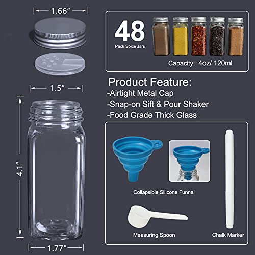 Betrome 48 Pcs Spice Jars Glass Empty 4 oz Square Spice Container Set with Shaker Lids&Airtight Metal Caps - Labels,Chalk Marker,Measuring Spoon and Silicone Collapsible Funnel Included by Betrome - Image 2