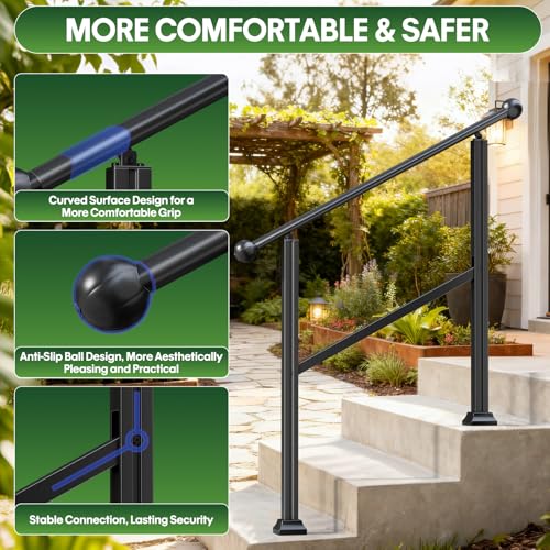 ORWOD Aluminum Handrails for Outdoor Steps, 2-Step Stair Railing Outdoor with Adjustable Height, Powder Coated Black Metal Finish, Heavy Duty for Seniors for Porch, Deck, Brick, and Wooden Steps by ORWOD - Image 5