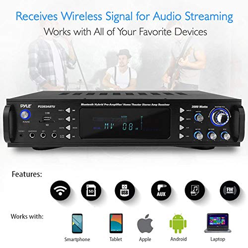 Pyle 4-Channel Bluetooth Home Power Amplifier - 2000 Watt Audio Stereo Receiver W/ Speaker Selector, Am Fm Radio, Usb/ Sd Card Reader, Karaoke Microphone Input - Home Entertainment System #TOP2