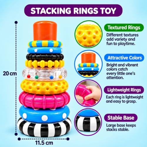 Image of GRAPHENE 8 Stacking Ring Game Toy for Babies 6+ Months STEM Learning Circle Rattle Sound Educational Colour Recognition Brain Development Montessori Fine Motor Skills Birthday Gift Boys Girls Kids