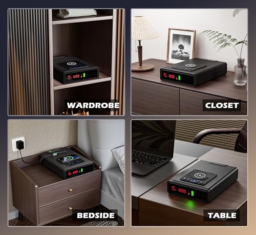 Biometric Smart Safe with Wireless Charging for Phone and Watch, 3 Quick Access Stopbox with Fingerprint Backlit Keypad - Compact Nightstand Drawer with LED Light, 24/7 Digital Clock, Bedside, Office