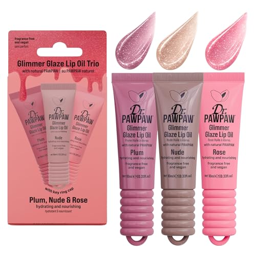 Dr.PAWPAW Glimmer Glaze Trio Lip Oil Set 3 x 10ml Rose Plum and Nude Lip Oils Hydrating Glossy Lip Oils with Sheer Tint and Subtle Shimmer for Glazed Lips