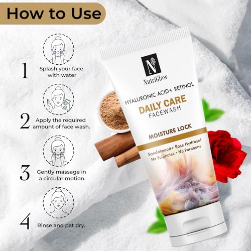 Image of NutriGlow Hyaluronic Acid & Retinol Daily Care Face Wash, Wrinkle Free Skin with Sandalwood, Sulfate Free, All Skin Types For Men And Women (100ml) Pack of 3