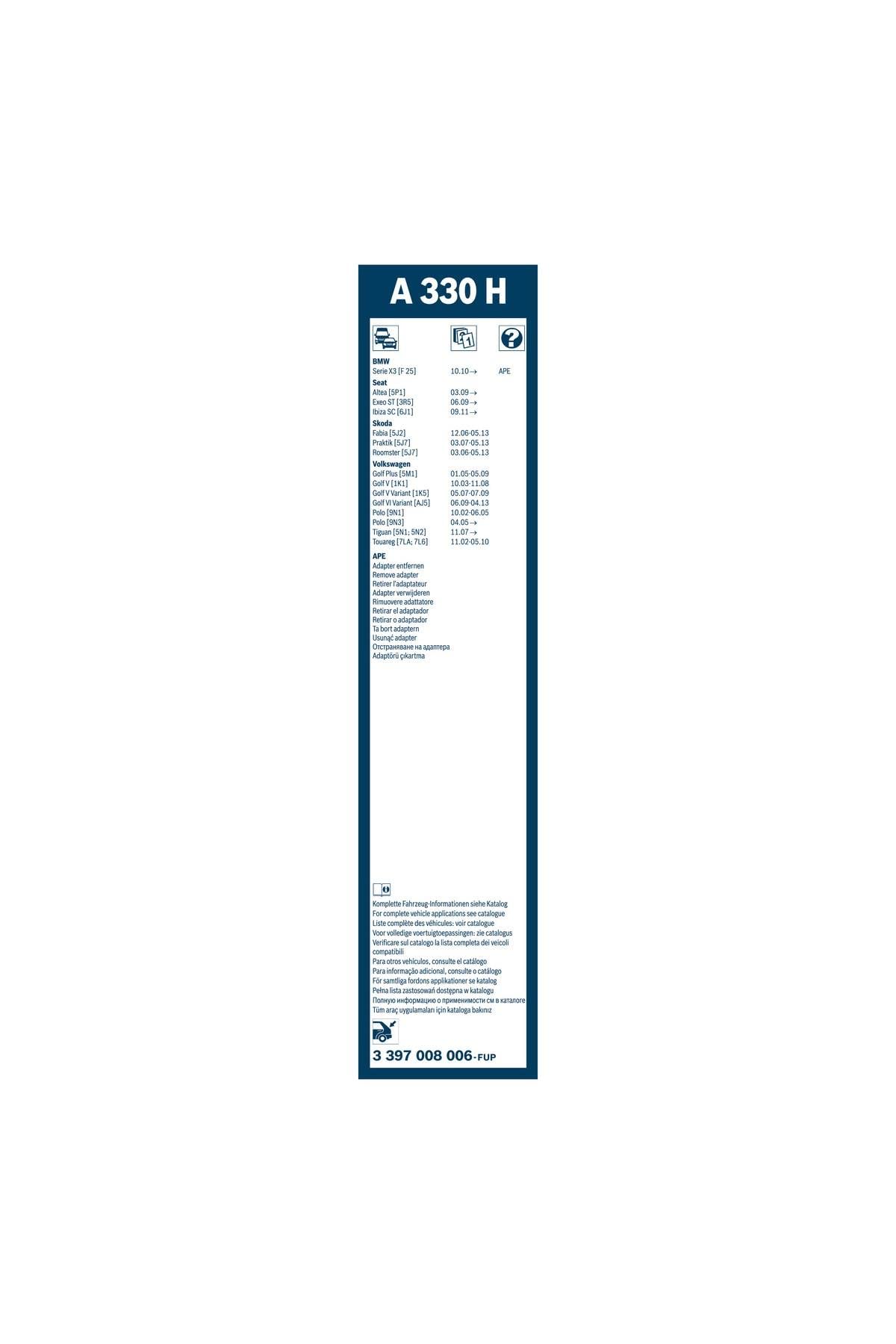 Bosch Arka Cam Sileceği - [330 mm] VW (VOLKSWAGEN) Polo (2002-2005) [9N1] #A330H