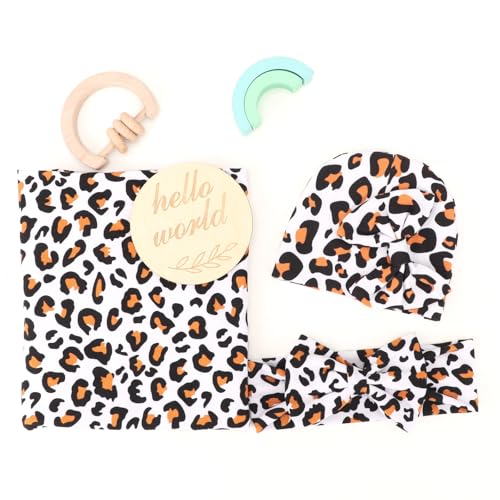 Image of DRESHOW BQUBO Baby Girl Newborn Receiving Blanket with Bow Hat Headband Wooden Birth Announcement Card Set Baby Leopard Nursery Swaddle Wrap