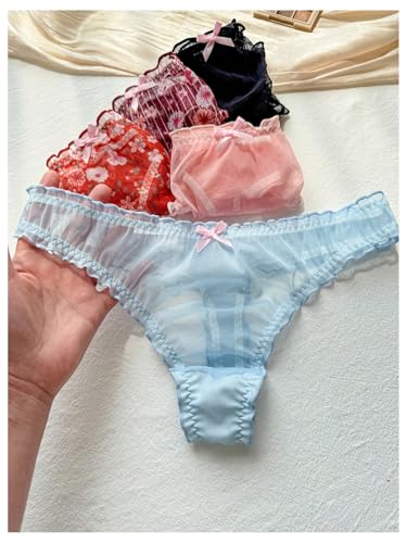 Image of SHENHE Women's 5 Packs Floral Lettuce Trim Bow Low Rise Cute Thong Panties Underwear