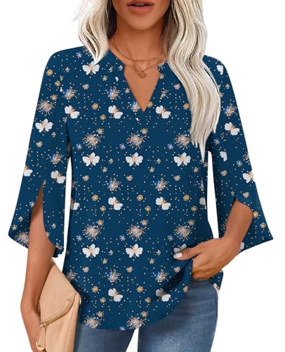 Image of Findsweet Women Blouses Dressy Casual 3/4 Sleeve Tops Business Work Chiffon Office V Neck Shirts M-3XL, 3/4 Sleeve/Blue Butterfly, L