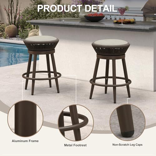 PURPLE LEAF Outdoor Swivel Bar Stools Set of 2 Backless Aluminum Brown — view 6