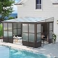 SHPAI 10x14FT Wall Mounted Sunroom Kit All Season, Outdoor Enclosed Gazebo Lean to Solarium with Detachable Polycarbonate Roof/Windows, 2 Lockable Sliding Doors, Permanent Aluminum Sun Room for Patio