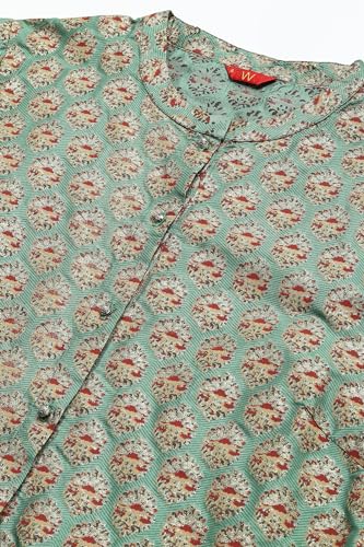 Image of W for Woman Green Glitter Printed Kurta in Mandarin Collar