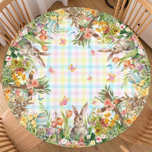 Easter Floral Round Fitted Tablecloth Best for 40"-44" Eggs Bunny Table Cloth Rabbit Elastic Edge Waterproof Washable Farmhouse Rustic Buffalo Check Plaid Table Cover for Party Picnic Indoor Decor by Roverantic - Used condition - US$14.47