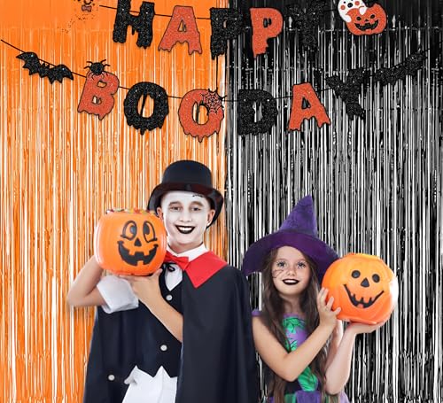 ستارة بشراشيب من الرقائق المعدنية بلون أسود وبرتقالي لتزيين حفلات الهالوين - قطعتان 1 متر × 2.7 متر، ستائر زينة معدنية خلفية كشك الصور، ديكور للغرفة وحفلات الهالوين والحفلات العائلية من برافشاين