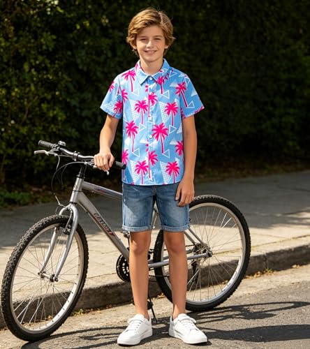 Image of uideazone Boys Hawaiian Shirts Novelty Printed Funky Short Sleeve Button Down Shirt Kids Aloha Luau Shirt 7-14T