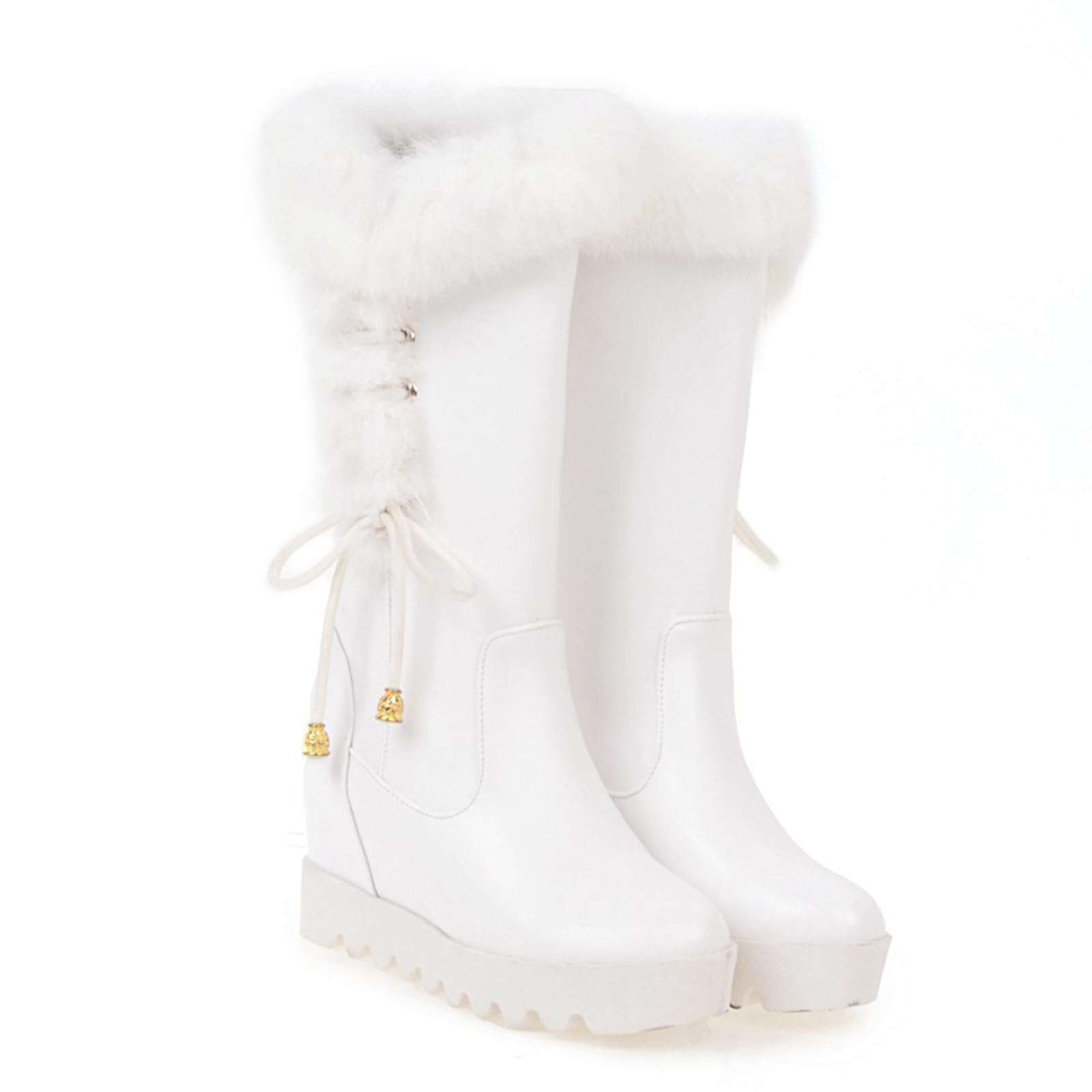 Photo 1 of DEVILEYEZE Women's Mid-Calf Winter Platform Hidden Wedge Boots Slip-on Thick Rabbit Fur Collar Warm Waterproof Stretch Leather Non-slip Snow Boot (White,8.5,8.5,Women)