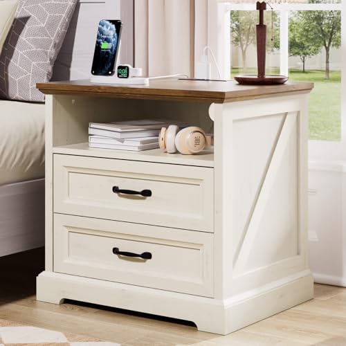 Image of HOMMPA 24'' Farmhouse Nightstand with Charging Station, Bedside Tables with AC Outlets & USB Port, 2 Drawers Side Table End Table with Open Shelf, Rustic Wood Night Stand for Bedroom, Rustic White