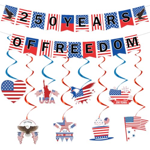 Image of Gameza 250 Anniversary party Decorations - 10 pcs 250 Years of Freedom Banner Hanging Swirls Decorations, Red White and Blue Fourth of July USA Party Decor Supplies