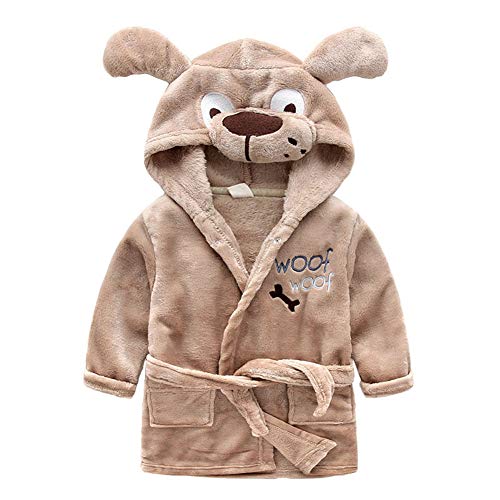 Toddler Kids Cartoon Hooded Plush Robe Animal Pajamas Fleece Bathrobe Children Sleepwear (2T, Puppy)
