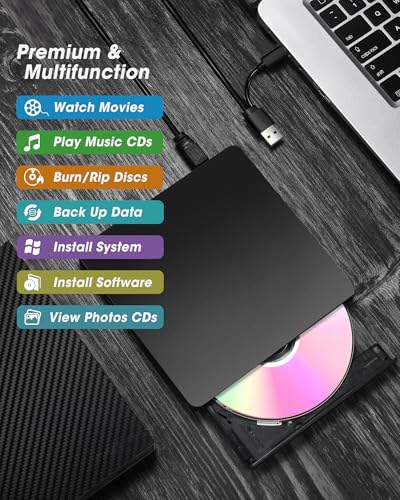 Image of ROOFULL External CD /DVD Drive USB 3.0 & USB-C, Ultra-Slim 0.5 inch High-Speed CD DVD Player Burner Reader Writer for Laptop, Windows 11 /10, Mac MacBook, Linux OS