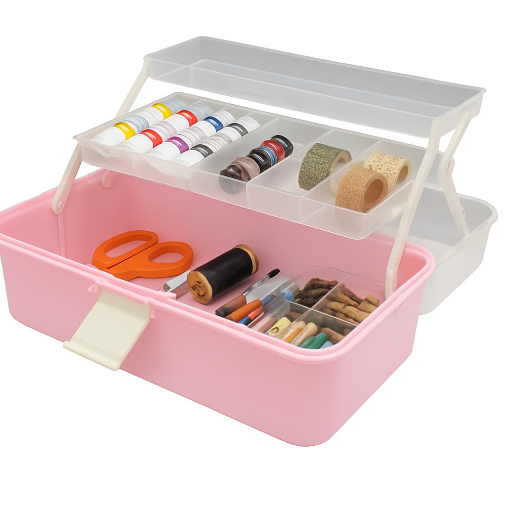 Quickdraw Pink Cantilever Storage Box – Large & Medium Multi‑Tray Organizer For Crafts, Beads, Sewing, Nail Art – Portable Toolbox With Handle & Secure Clasp (Medium 665)