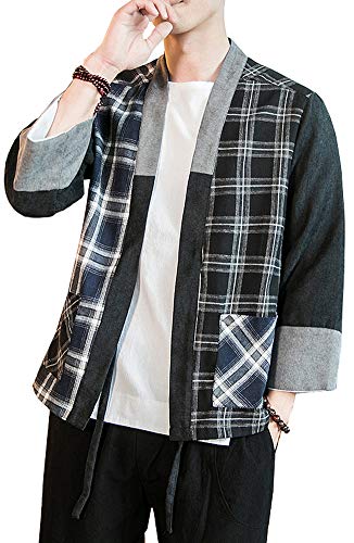 Hotmiss Mens Kimono Hipster Plaid Patchwork Linen Cloak Open Front Cardigan Jackets3