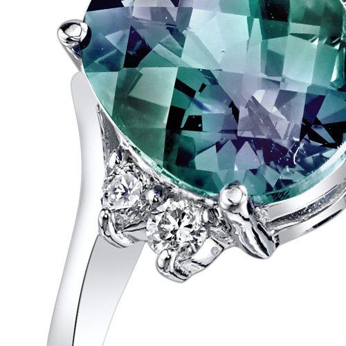 Peora Created Alexandrite And Genuine Diamond Ring For Women 14K White Gold, Bypass Solitaire Design, Color-Changing 3 Carats Oval Shape 10X8, Size 7 #TOP1