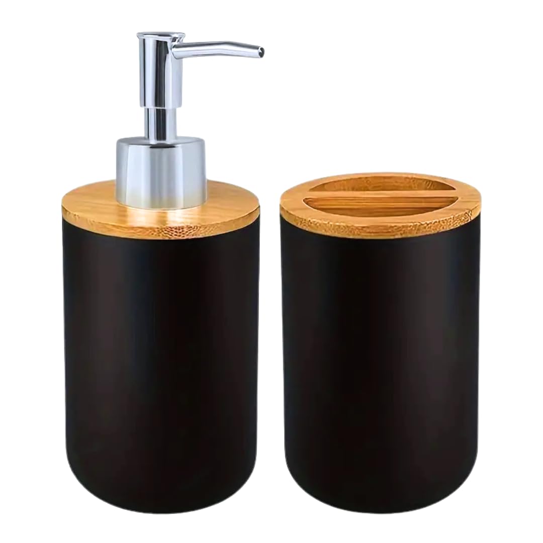 Juego dispensador jabon baño y Vaso con bamú, dispensador de jabón y portacepillos para baño Moderno 350ml, Accesorios Cocina y baño, jabón líquido y Gel Recargable, Botella de jabón