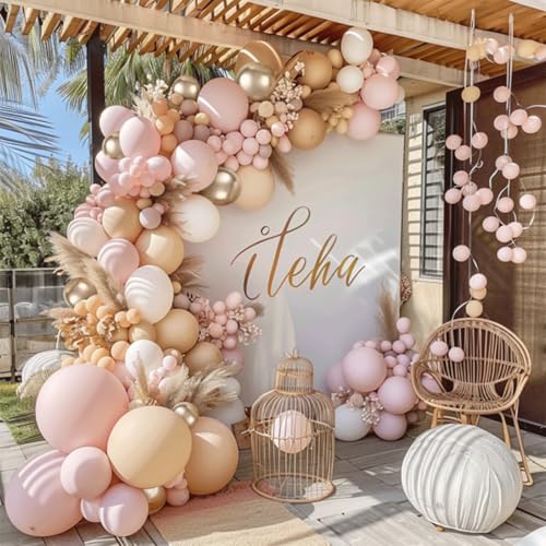 Blocesa Dusty Pink White Gold Balloon Arch Kit, Pink and Gold Balloons With Light Pink White Nude Champagne Gold Balloons for Boho Wedding Engagement Bridal Shower Girl Birthday Decorations