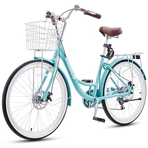 VIRIBUS Womens Bike with Lightweight Aluminum Alloy Frame, 7 Speed Beach Cruiser Bike for Women with Front Basket & Rack, Step-Through Bicycle for Women with Disc Brakes, 24 in. Cyan 330 lb.