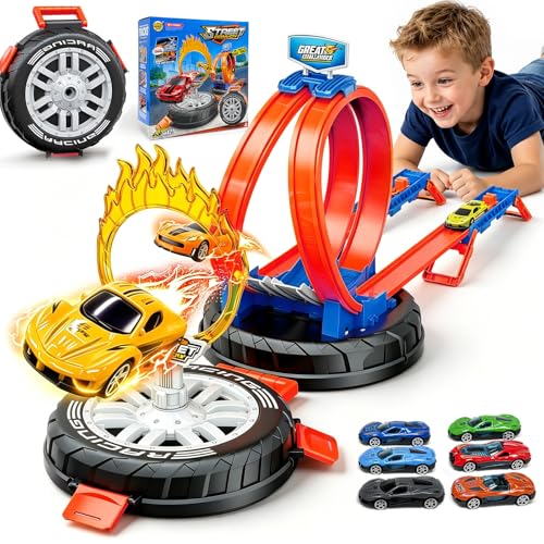 Circuit De Course pour Enfants Comprend 6 Petites Voitures, 2 Rampes Et 1 Boîte De Rangement pour Les Pneus. Convient Aux Filles Et Aux Garçons De 3 À 6 Ans