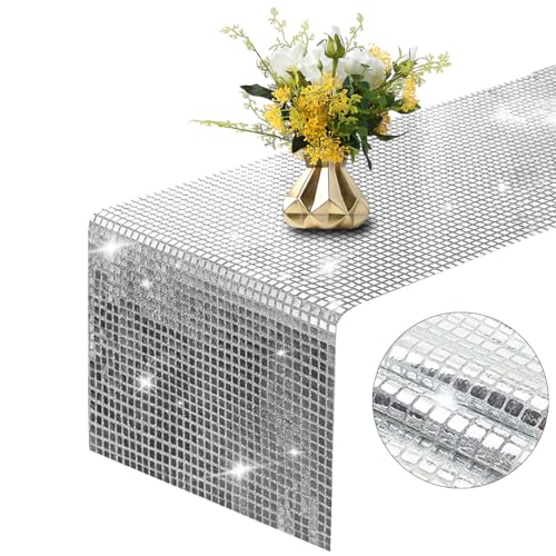 WWYSSZ Chemin de Table Disco, 275 X 30 cm Chemin de Table Argenté Paillettes, Nappe à Paillettes Argentées Chemin, pour Vintage 70 'S 80' S Disco Party...