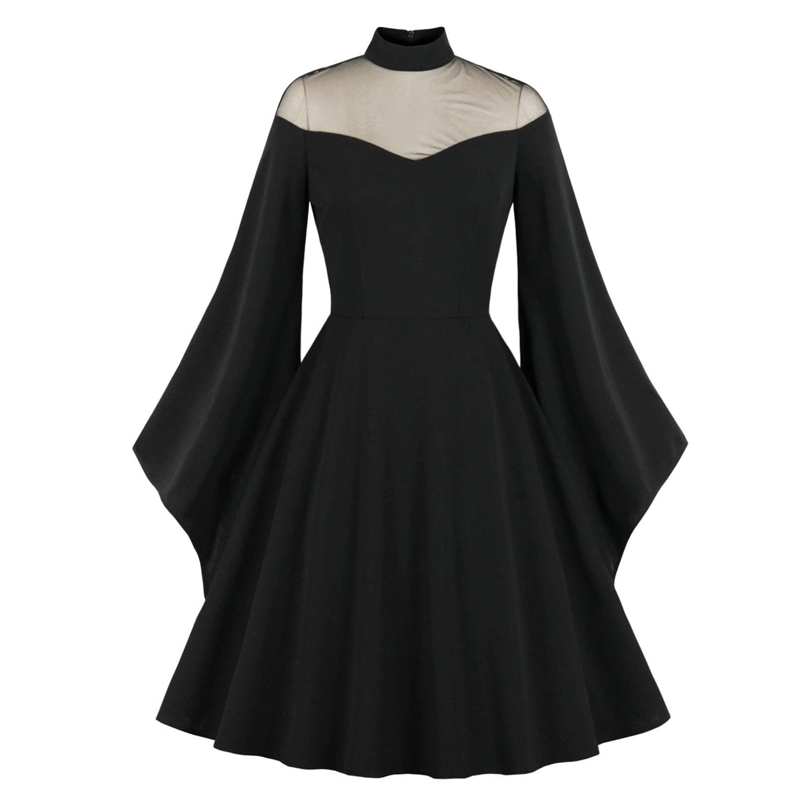 Halloween Costumes for Women Gothic Bell Sleeve Mesh Mock Neck Vintage Patchwork Witchy Black Dress
