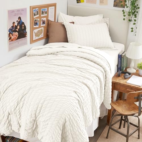 Image of HYMOKEGE Ivory Twin Comforter Set Seersucker 5 Pieces, All Season Luxury Bed in a Bag for Bedroom, Bedding Set with Comforters, Sheets, Pillowcase & Shams
