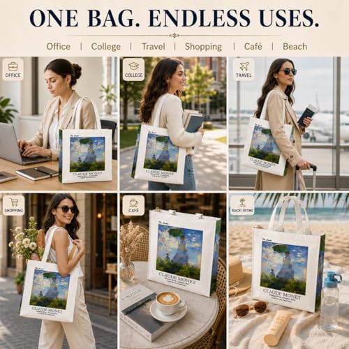 Image of Artsy Canvas Tote Bag for Women | Zipper Closure, Bottle Holder & Keychain Hook | Premium Cotton Canvas Bag for Travel, College, Office | Reusable Shopping Tote Bag Gift
