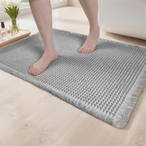 Lunofox Waffle Bathroom Rugs, Super Absorbent Boho Bath Mats, Non-Slip Shower Mats for Bathroom Floor and Tub, Ultra Soft Waffle Weave Runner Mat, Quick Dry, Light Grey, 18x30 Inch