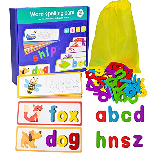 HUADADA Wooden Alphabets Flash Cards, Spelling Matching Games with 52 Words on 26 Cognitive Cards, Preschool Educational Learning Toys, Montessori Toddler Toys for Age 3 4 5 6 Years Old Kids
