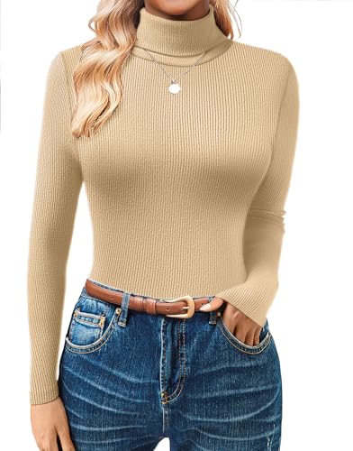 GKBK Womens Turtleneck Long Sleeve Tops Ribbed Basic Tshirts Thermal Underwear Warm Lightweight Fall Sweaters 2025 Fashion Outfits Winter Clothes Khaki