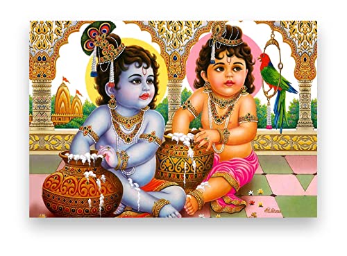Image of Krishna Balram Makhan Chor (Canvas Print Poster 18 X 12 Inches, Multicolored)