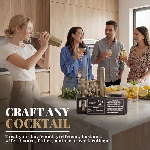 image for MixMate Brushed Brass Mixology Kit - 15 Piece Bar Tool Set, Silver Bar