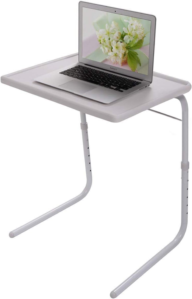 SSLine Folding Sofa Side Snack Table Height Adjustable Breakfast TV Tray Portable Lifting Laptop Desk Overbed Table with Tilting Top - White