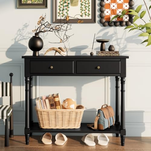 PADMA HOUSE Console Meuble en Bois Massif avec 2 tiroirs Table Console avec étagère de Console d'entrée de Hall d'entrée étroite pour 2 Niveaux Table d'entrée de...