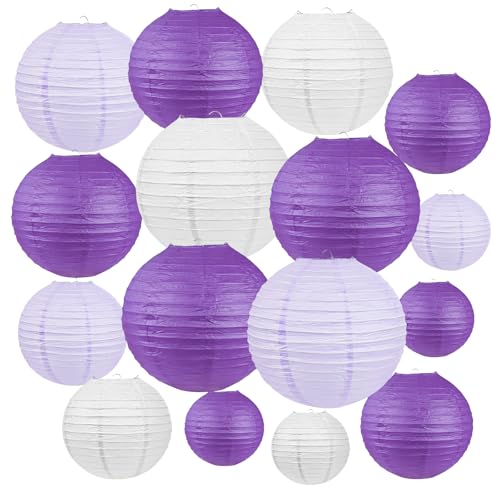 Peywot 16Pcs Bulk Lavender Purple White Round Paper Lanterns (6
